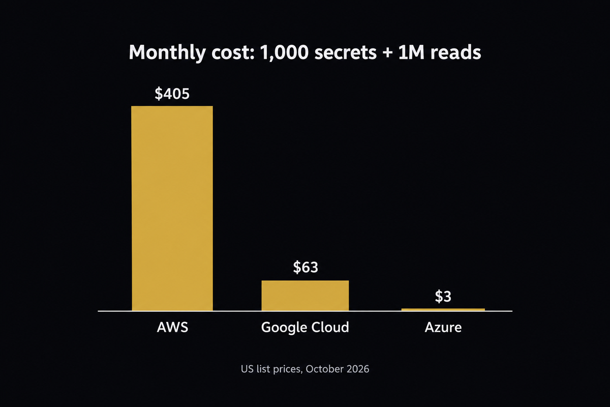 Bar chart of monthly list price for 1,000 secrets and 1 million API calls: AWS Secrets Manager $405, Google Secret Manager $63, Azure Key Vault $3